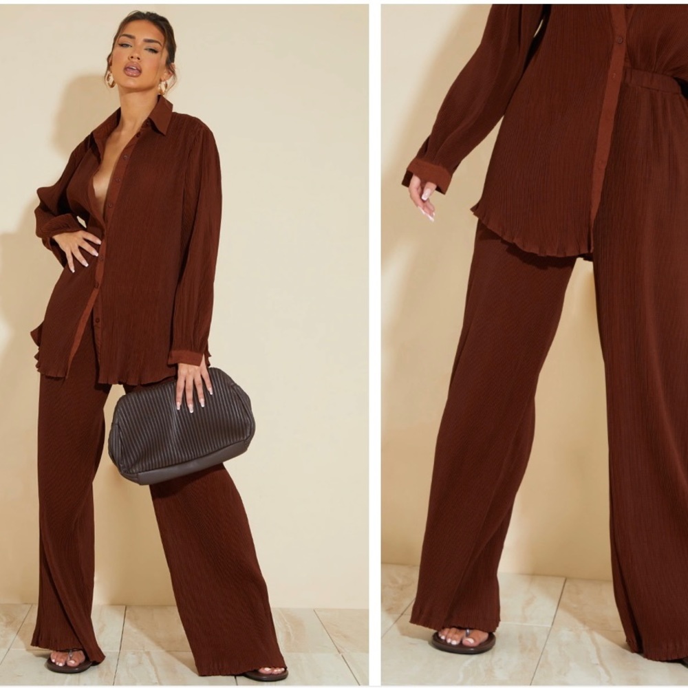 PRETTYLITTLETHING Plisse Button Up Blouse and High Waisted Pant